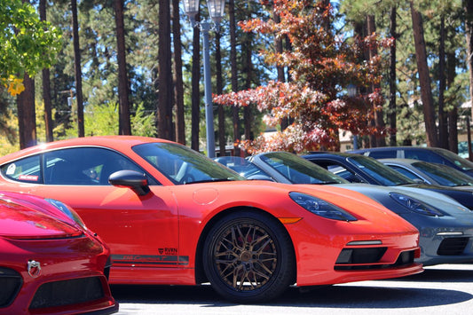 Porsches under the pines at the Porsche Timeline, Big Bear