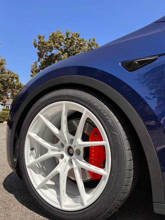 Used RVRN® MB373 Forged Wheel Package – JDM White, Mounted on New 275/40R20 Tires + TPMS – Tesla Model Y / Model 3